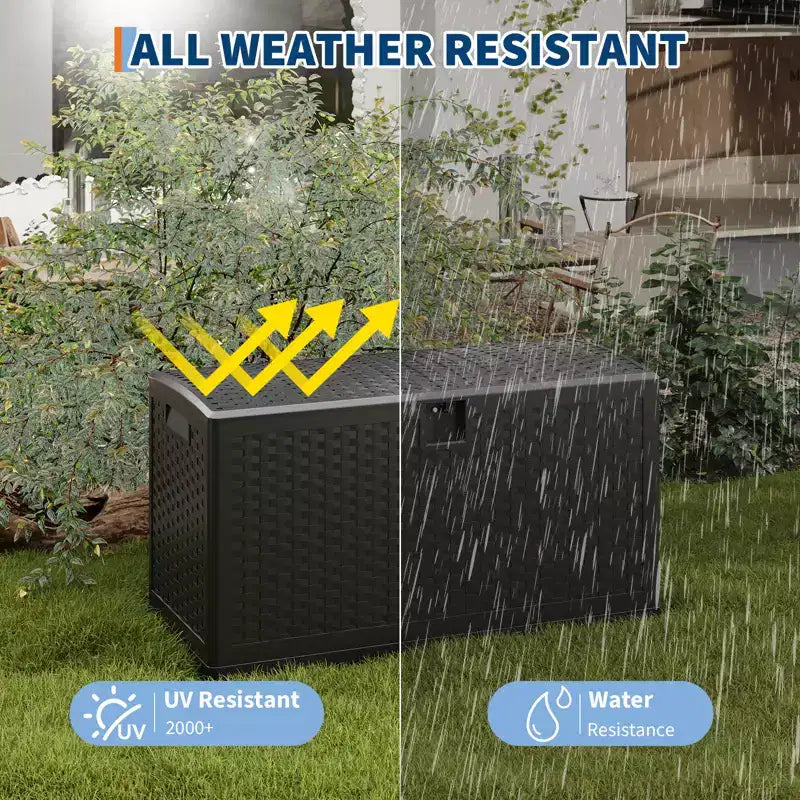 Grande Baule Contenitore da Esterno Impermeabile in Resina 80-120 Galloni Organizer con Serratura per Cuscini da Giardino, Utensili, Attrezzatura da Piscina Effetto Rattan Marrone o Nero