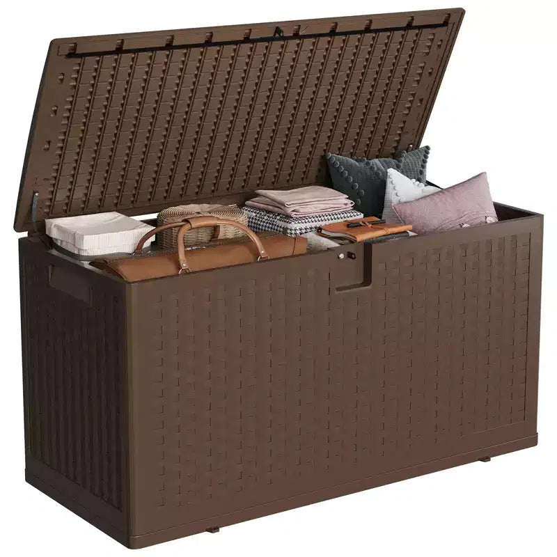 Grande Baule Contenitore da Esterno Impermeabile in Resina 80-120 Galloni Organizer con Serratura per Cuscini da Giardino, Utensili, Attrezzatura da Piscina Effetto Rattan Marrone o Nero