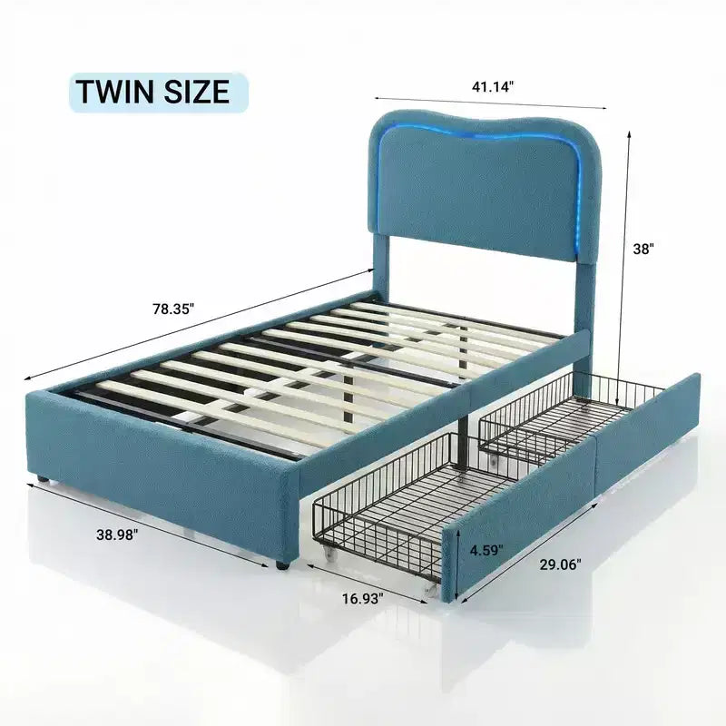 Coolmee Letti Imbottiti per Bambini con 2 Cassetti e Testiera, Grazioso Letto Singolo con Contenitore per Bambine, Bambini, Robusto Letto a Piattaforma