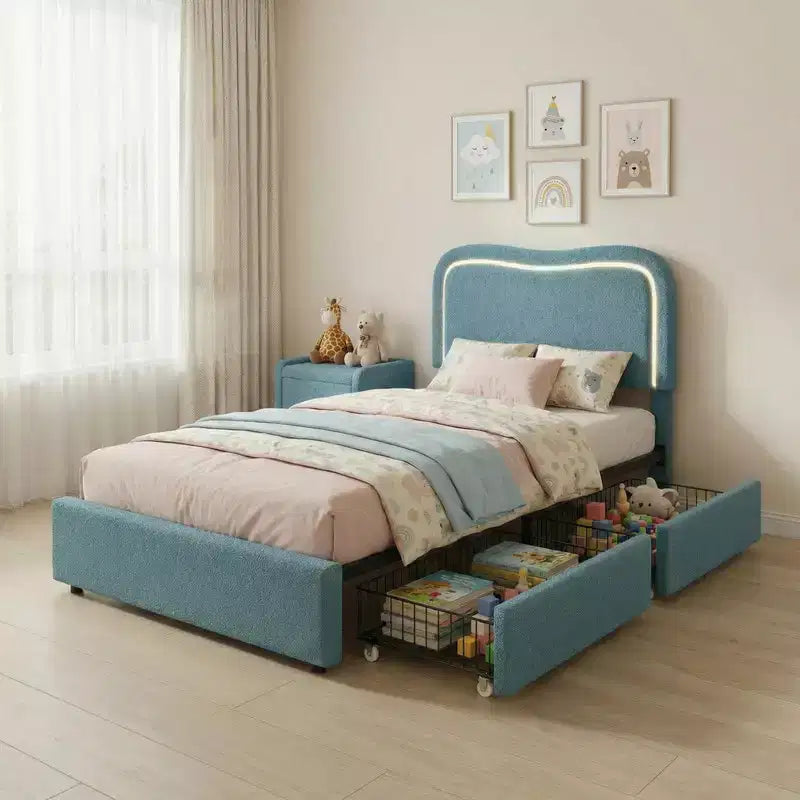 Coolmee Letti Imbottiti per Bambini con 2 Cassetti e Testiera, Grazioso Letto Singolo con Contenitore per Bambine, Bambini, Robusto Letto a Piattaforma