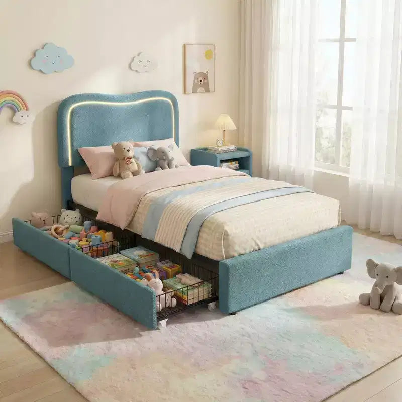 Coolmee Letti Imbottiti per Bambini con 2 Cassetti e Testiera, Grazioso Letto Singolo con Contenitore per Bambine, Bambini, Robusto Letto a Piattaforma