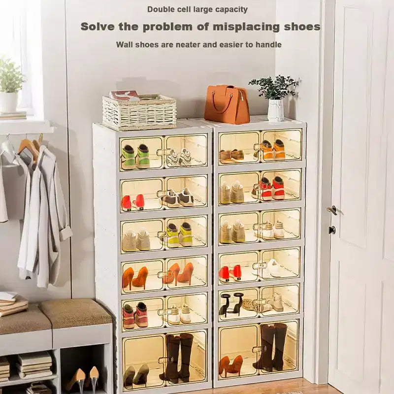 Scatola porta-scarpe impilabile trasparente con sportello magnetico, organizer per scarpe pieghevole in plastica, nessuna installazione necessaria per riporre le scarpe da ginnastica