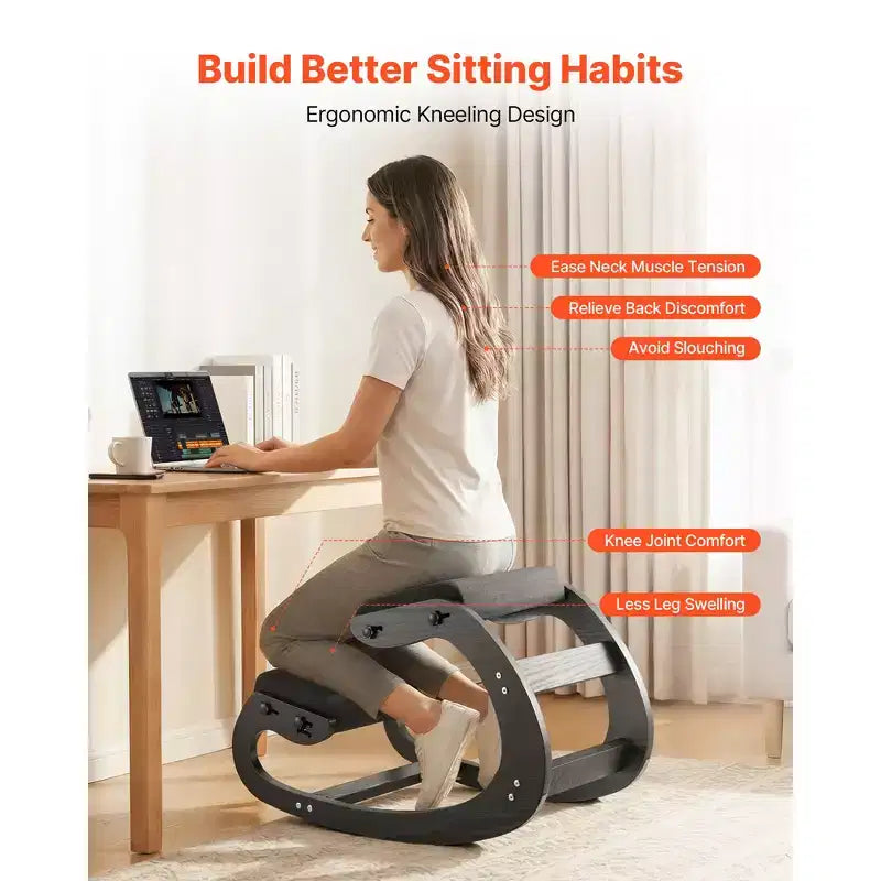 Sedia inginocchiatoio ergonomica VEVOR, sedia inginocchiatoio in legno per la postura con cuscini spessi regolabili in schiuma e telaio in legno massello, altezza regolabile, nero