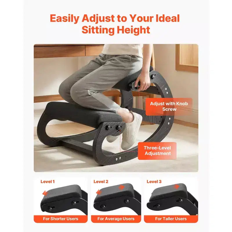 Sedia inginocchiatoio ergonomica VEVOR, sedia inginocchiatoio in legno per la postura con cuscini spessi regolabili in schiuma e telaio in legno massello, altezza regolabile, nero