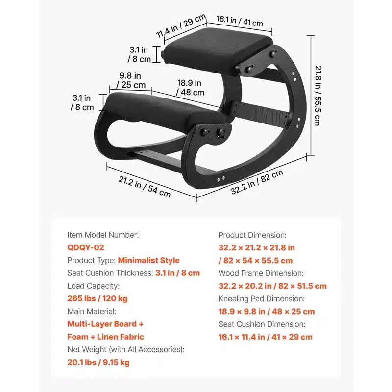 Sedia inginocchiatoio ergonomica VEVOR, sedia inginocchiatoio in legno per la postura con cuscini spessi regolabili in schiuma e telaio in legno massello, altezza regolabile, nero