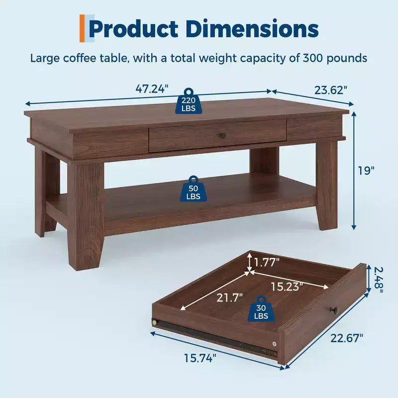 Tavolino da caffè in stile rustico con contenitore. Tavolo rettangolare in legno per soggiorno. Mobili per ufficio domestico e appartamento