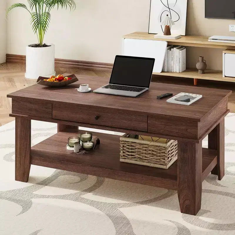 Tavolino da caffè in stile rustico con contenitore. Tavolo rettangolare in legno per soggiorno. Mobili per ufficio domestico e appartamento