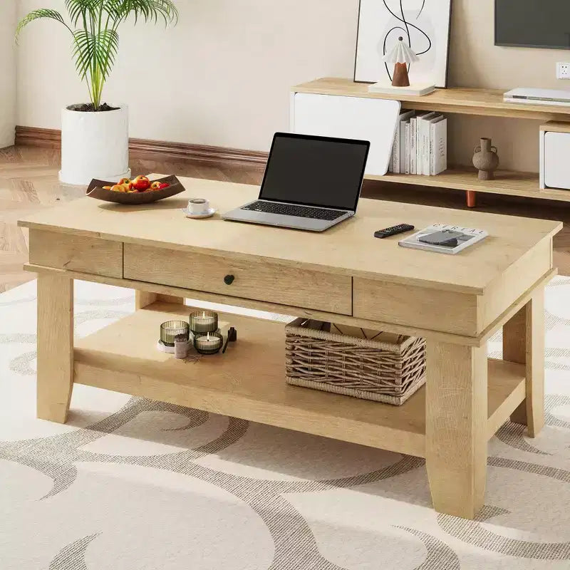 Tavolino da caffè in stile rustico con contenitore. Tavolo rettangolare in legno per soggiorno. Mobili per ufficio domestico e appartamento