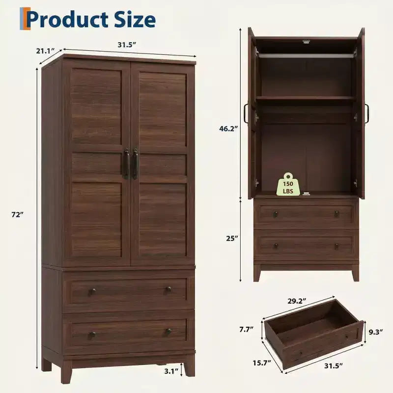 Armadio guardaroba alto 72 pollici in legno con 2 cassetti, armadio robusto per camera da letto con ante, asta appendiabiti e ripiano regolabile