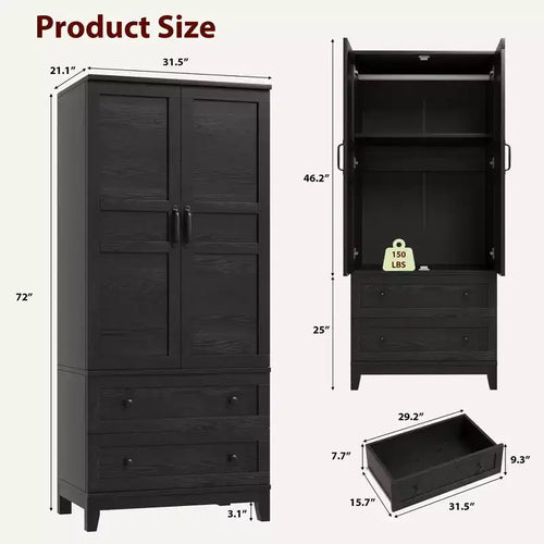 Armadio guardaroba alto 72 pollici in legno con 2 cassetti, armadio robusto per camera da letto con ante, asta appendiabiti e ripiano regolabile