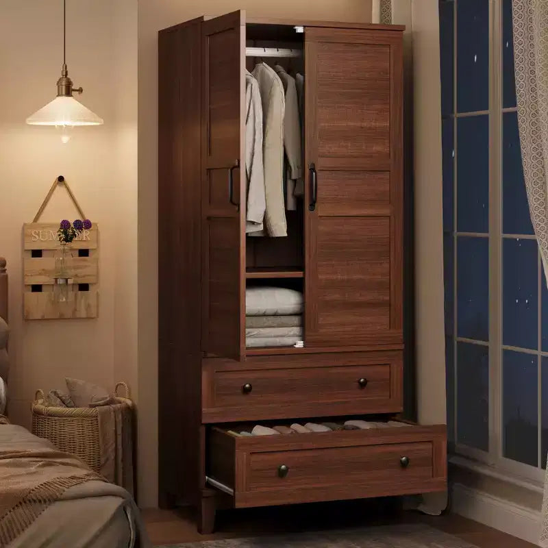 Armadio guardaroba alto 72 pollici in legno con 2 cassetti, armadio robusto per camera da letto con ante, asta appendiabiti e ripiano regolabile