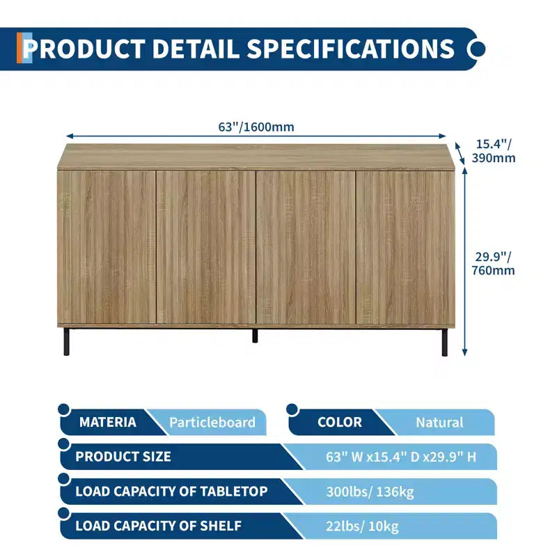 Credenza moderna da fattoria da 160 cm, mobile contenitore moderno d'accento, 4 ante scanalate e gambe in metallo, per cucina, sala da pranzo, soggiorno