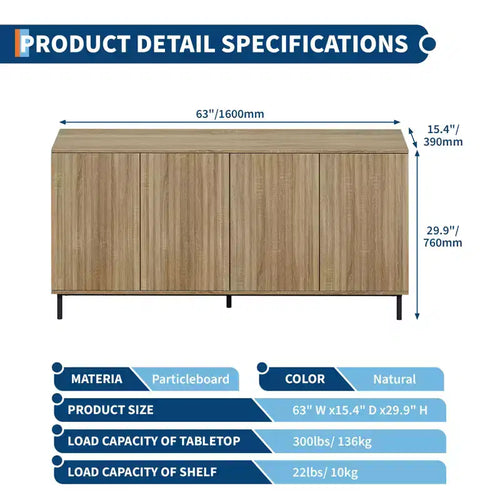 Credenza moderna da fattoria da 160 cm, mobile contenitore moderno d'accento, 4 ante scanalate e gambe in metallo, per cucina, sala da pranzo, soggiorno
