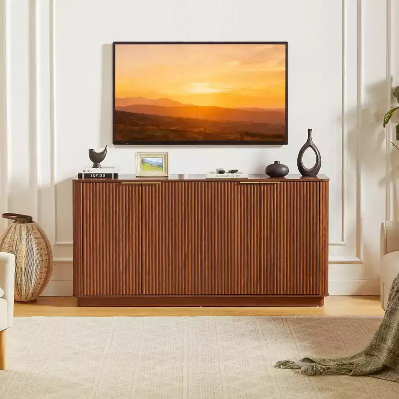 JVNOXK 63 Mobile Contenitore a Righe Verticali, Design Ondulato Curvo, Porta TV Multi-Funzionale per Soggiorno, Camera da Leto, Noce