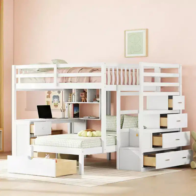 Luxystar Letto a castello moderno completo su letto singolo con scrivania, 8 cassetti e librerie