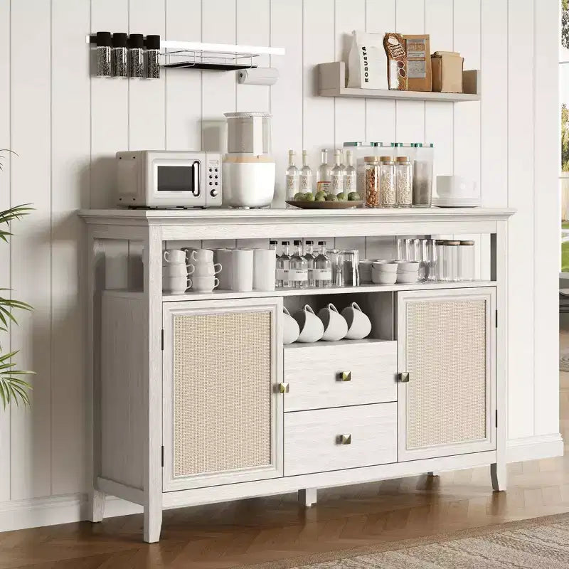 Mobile contenitore rustico in rattan, ante e cassetti, ripiani regolabili, bianco sporco