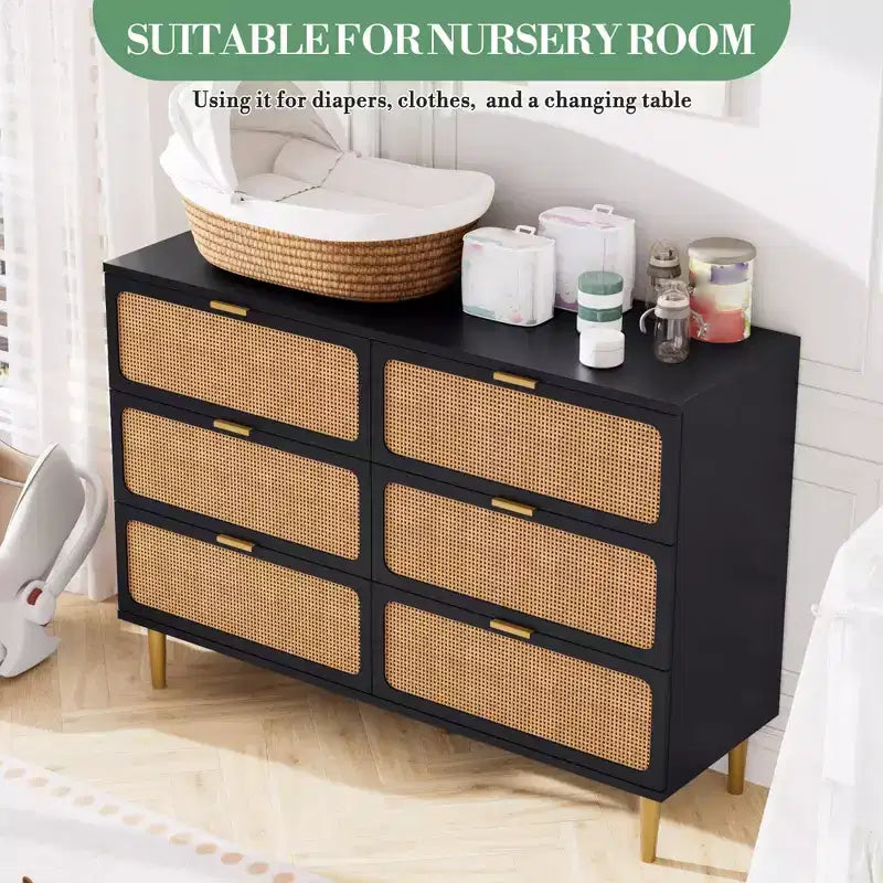 Comò in Rattan con 6 Cassetti, Cassettiera Alta in Legno con Piano Ampio per Camera da Letto, Soggiorno, Corridoio, Nero