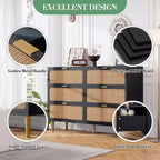 Comò in Rattan con 6 Cassetti, Cassettiera Alta in Legno con Piano Ampio per Camera da Letto, Soggiorno, Corridoio, Nero