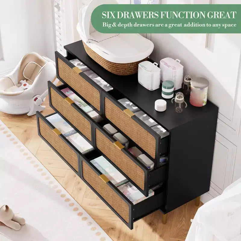 Comò in Rattan con 6 Cassetti, Cassettiera Alta in Legno con Piano Ampio per Camera da Letto, Soggiorno, Corridoio, Nero