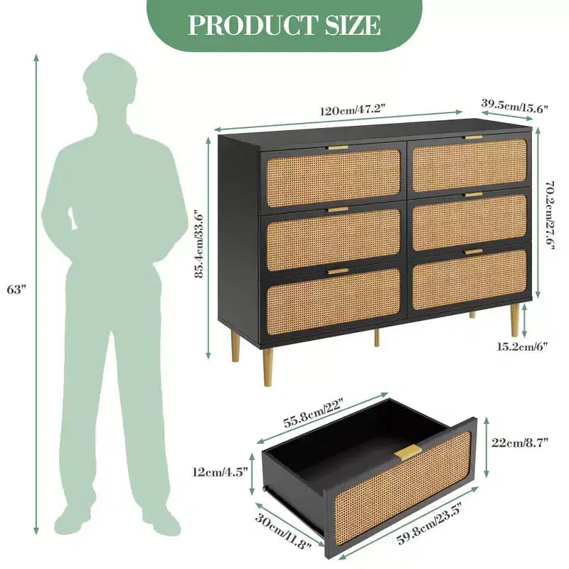 Comò in Rattan con 6 Cassetti, Cassettiera Alta in Legno con Piano Ampio per Camera da Letto, Soggiorno, Corridoio, Nero
