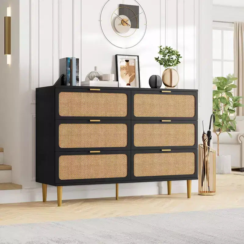 Comò in Rattan con 6 Cassetti, Cassettiera Alta in Legno con Piano Ampio per Camera da Letto, Soggiorno, Corridoio, Nero