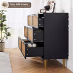 Comò in Rattan con 6 Cassetti, Cassettiera Alta in Legno con Piano Ampio per Camera da Letto, Soggiorno, Corridoio, Nero
