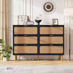 Comò in Rattan con 6 Cassetti, Cassettiera Alta in Legno con Piano Ampio per Camera da Letto, Soggiorno, Corridoio, Nero
