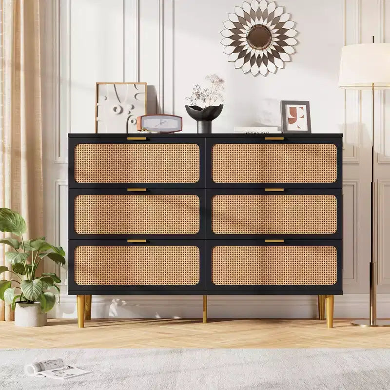 Comò in Rattan con 6 Cassetti, Cassettiera Alta in Legno con Piano Ampio per Camera da Letto, Soggiorno, Corridoio, Nero