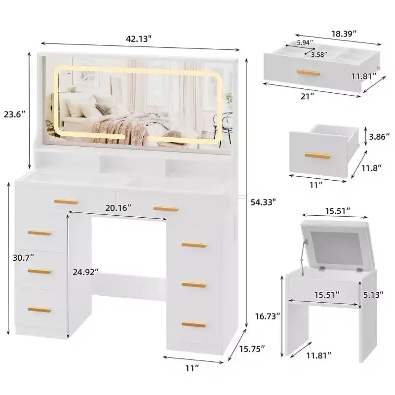 Toeletta con specchio, Cassettiera per trucco da camera da letto, 8 cassetti, Set moderno di tavolo da trucco per camera da letto