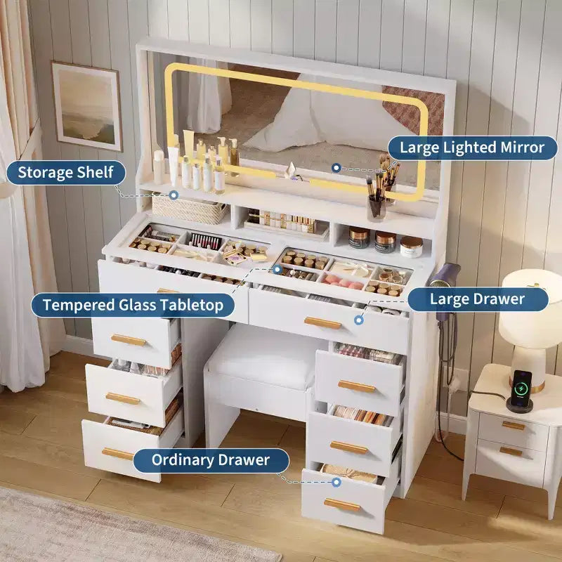 Toeletta con specchio, Cassettiera per trucco da camera da letto, 8 cassetti, Set moderno di tavolo da trucco per camera da letto