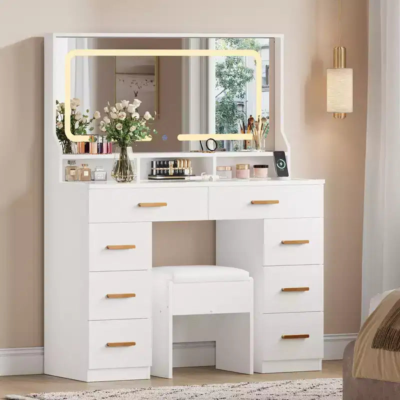 Toeletta con specchio, Cassettiera per trucco da camera da letto, 8 cassetti, Set moderno di tavolo da trucco per camera da letto