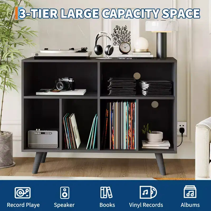 Mobile Porta Giradischi da 39,5" con Stazione di Ricarica, Contiene Oltre 350 Vinili, Mobile Moderno in Legno con Ripiani Aperti, per Soggiorno/Ufficio