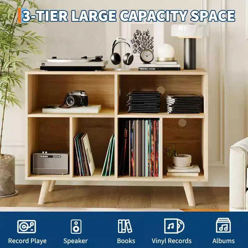 Mobile Porta Giradischi da 39,5" con Stazione di Ricarica, Contiene Oltre 350 Vinili, Mobile Moderno in Legno con Ripiani Aperti, per Soggiorno/Ufficio