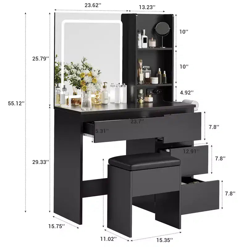 Toeletta con Specchio, Tavolo da Trucco con 4 Cassetti, Sgabello Contenitore, Ripiani Contenitore, Specchio con 3 Colori Regolabili, Set Vanity per Camera da Letto