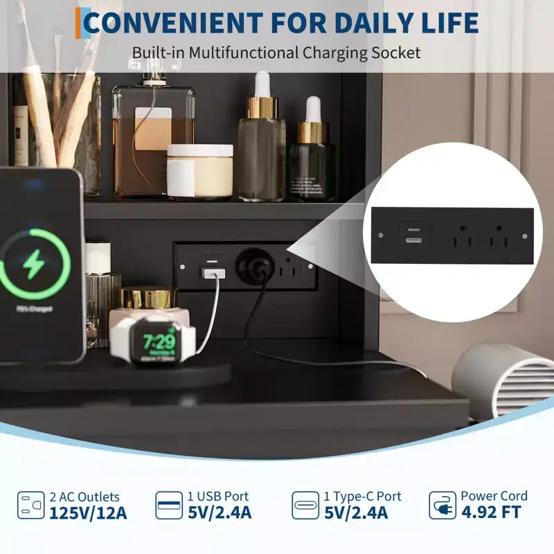 Toeletta con Specchio, Tavolo da Trucco con 4 Cassetti, Sgabello Contenitore, Ripiani Contenitore, Specchio con 3 Colori Regolabili, Set Vanity per Camera da Letto