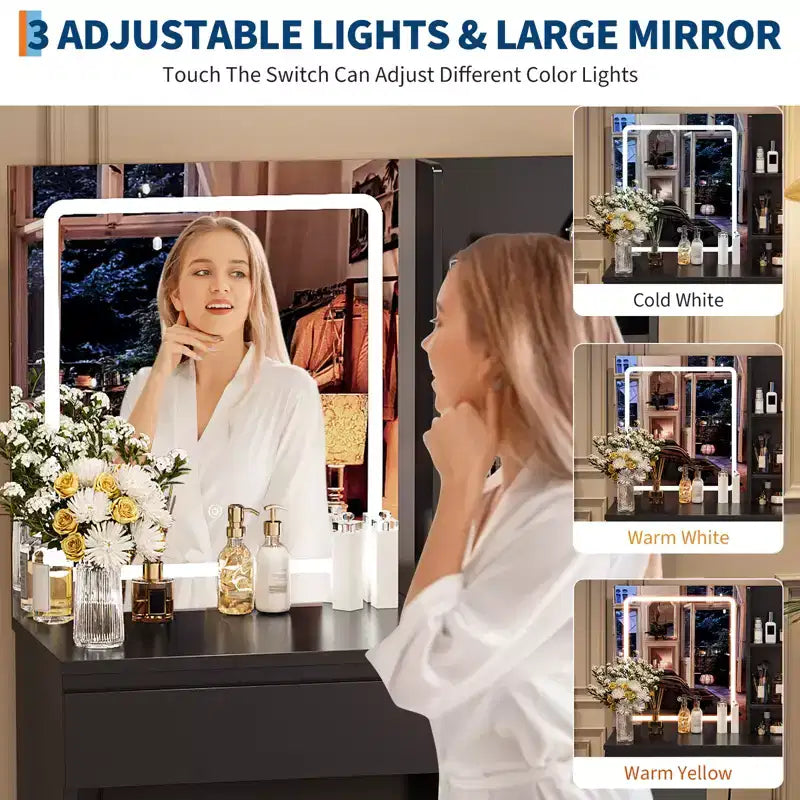 Toeletta con Specchio, Tavolo da Trucco con 4 Cassetti, Sgabello Contenitore, Ripiani Contenitore, Specchio con 3 Colori Regolabili, Set Vanity per Camera da Letto