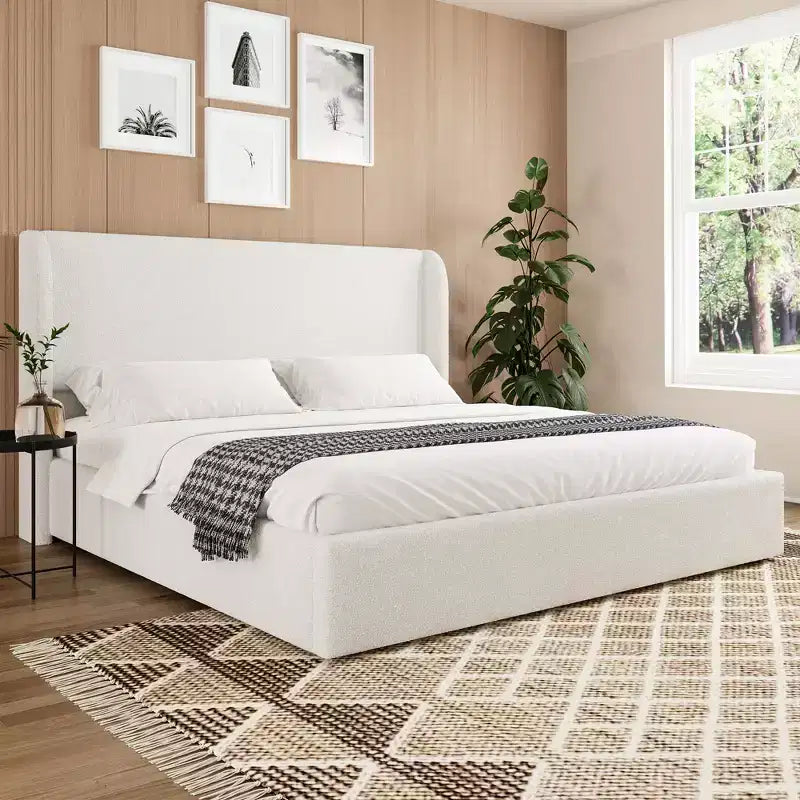GDFStudio Tracy, Struttura Letto Imbottita in Bouclé con Testiera, Gambe e Doghe in Metallo