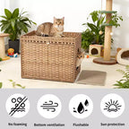 Mobile per lettiera per gatti in rattan con contenitore nascosto, mobile bagno per gatti da interno con tappetino e recinzione, elegante soluzione per lettiera da salotto