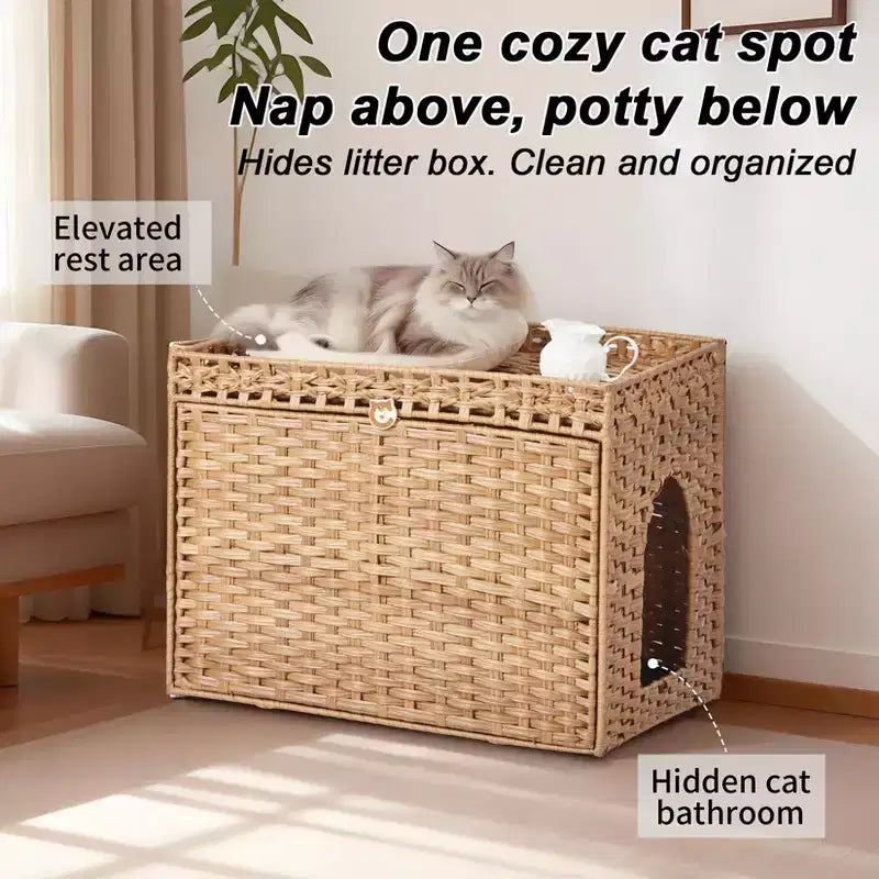 Mobile per lettiera per gatti in rattan con contenitore nascosto, mobile bagno per gatti da interno con tappetino e recinzione, elegante soluzione per lettiera da salotto
