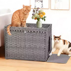 Mobile per lettiera per gatti in rattan con contenitore nascosto, mobile bagno per gatti da interno con tappetino e recinzione, elegante soluzione per lettiera da salotto