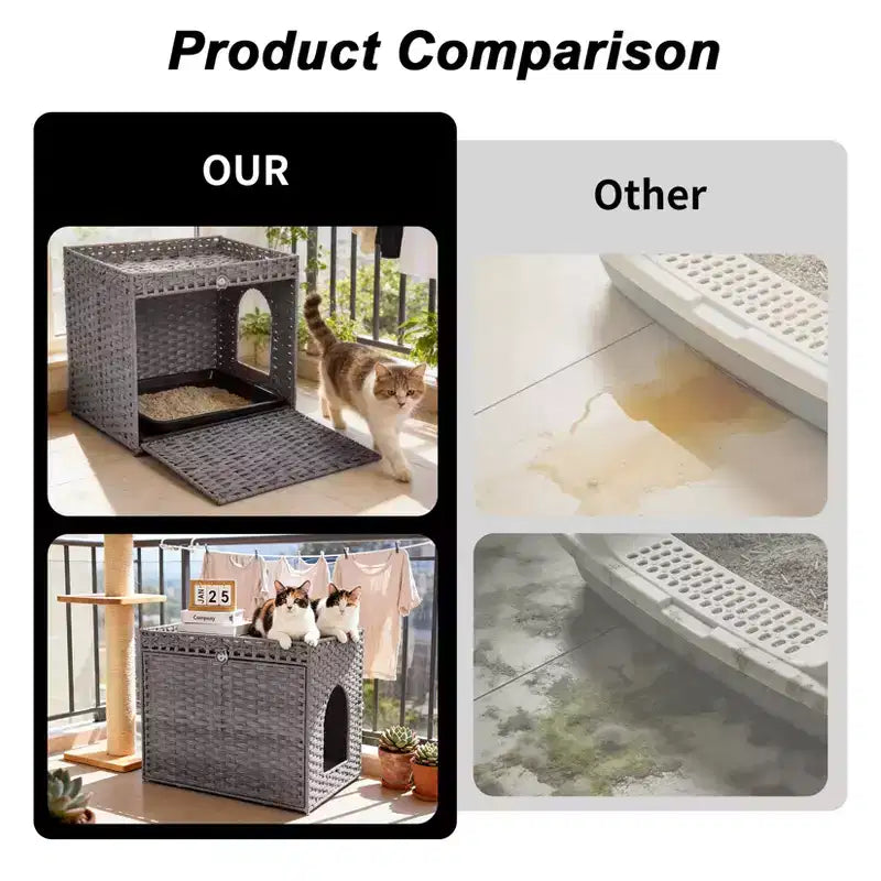Mobile per lettiera per gatti in rattan con contenitore nascosto, mobile bagno per gatti da interno con tappetino e recinzione, elegante soluzione per lettiera da salotto