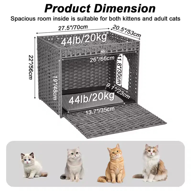 Mobile per lettiera per gatti in rattan con contenitore nascosto, mobile bagno per gatti da interno con tappetino e recinzione, elegante soluzione per lettiera da salotto