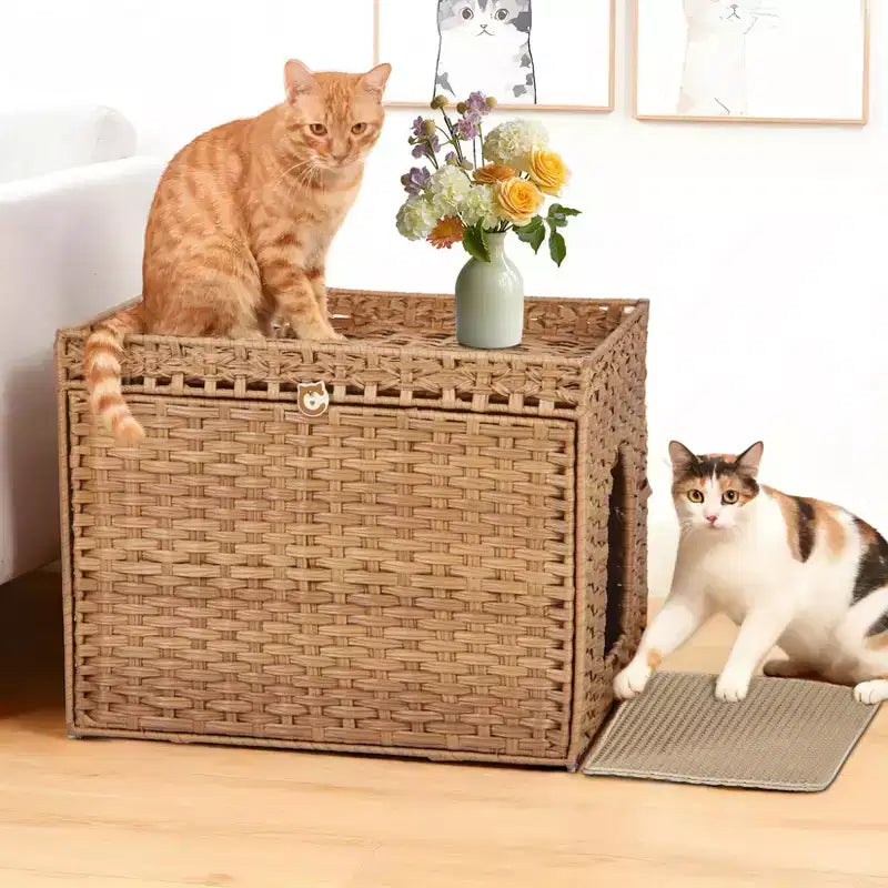 Mobile per lettiera per gatti in rattan con contenitore nascosto, mobile bagno per gatti da interno con tappetino e recinzione, elegante soluzione per lettiera da salotto