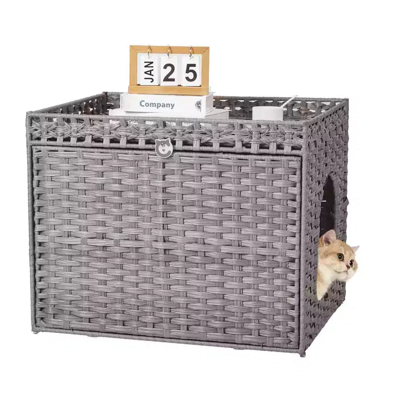 Large Rattan Hidden Cat Litter Box Enclosure Cabinet, Indoor Cat Washroom Furniture with Mat & Fence, Stylish Litter Solution for Living Room