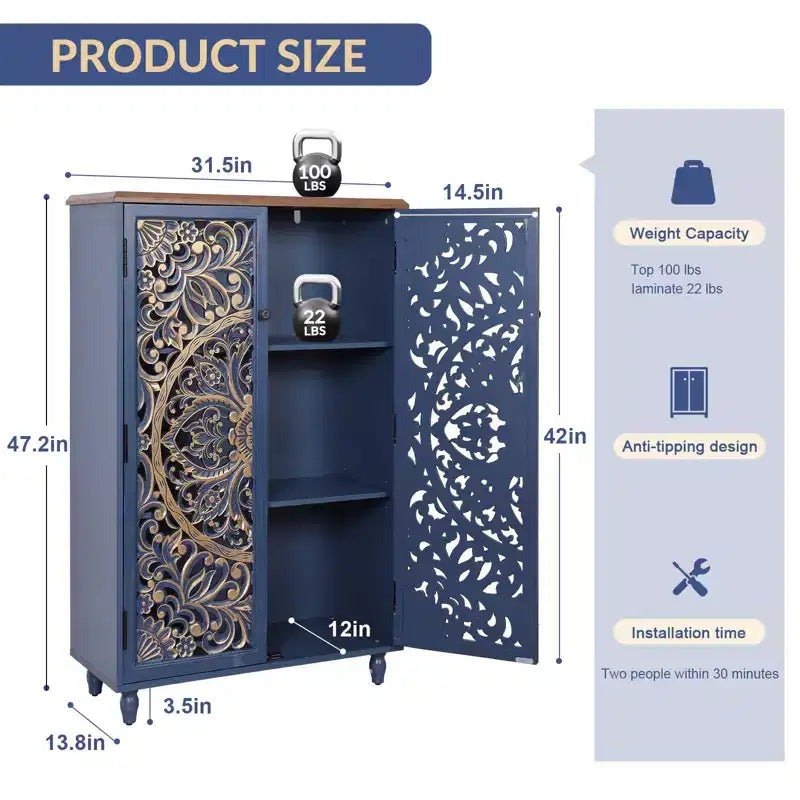 Bekrvio Armadio pensile alto con ante in pino intagliato 3D, finitura oro anticato, ripiani regolabili, mobile da cucina a buffet in stile Boho Farmhouse, blu
