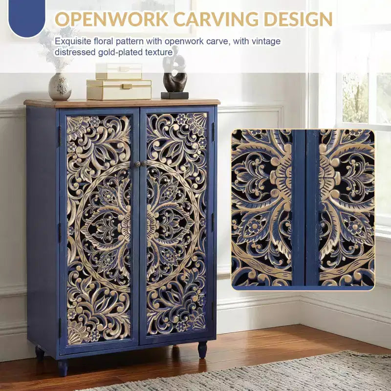 Bekrvio Armadio pensile alto con ante in pino intagliato 3D, finitura oro anticato, ripiani regolabili, mobile da cucina a buffet in stile Boho Farmhouse, blu