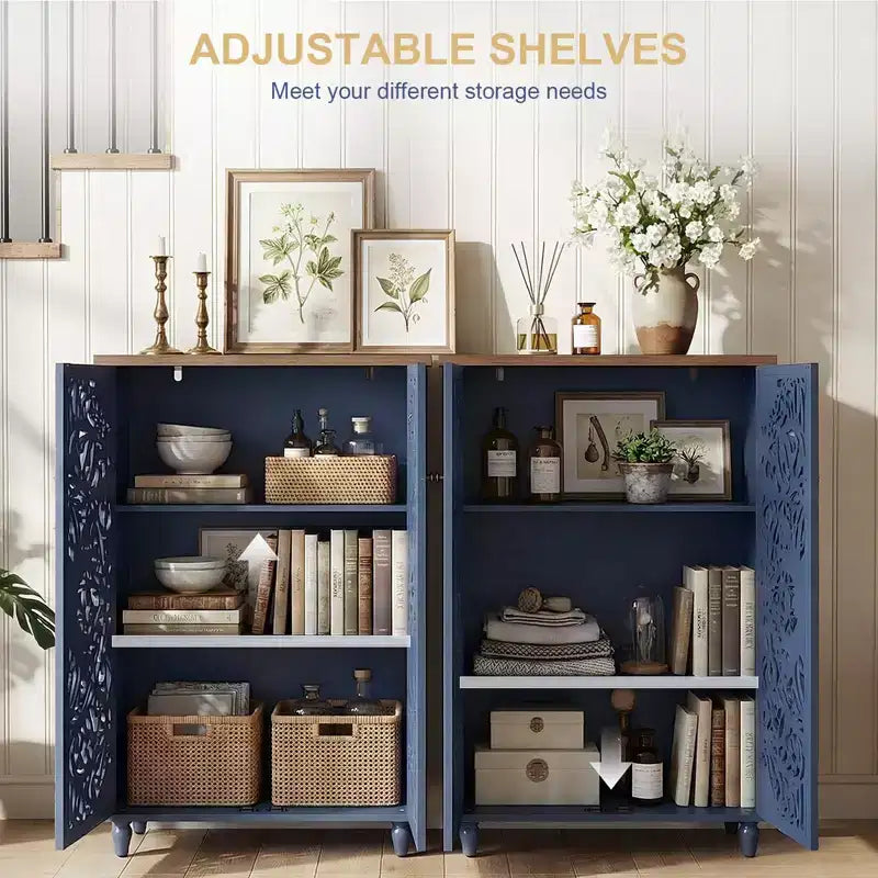 Bekrvio Armadio pensile alto con ante in pino intagliato 3D, finitura oro anticato, ripiani regolabili, mobile da cucina a buffet in stile Boho Farmhouse, blu