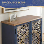 Bekrvio Armadio pensile alto con ante in pino intagliato 3D, finitura oro anticato, ripiani regolabili, mobile da cucina a buffet in stile Boho Farmhouse, blu
