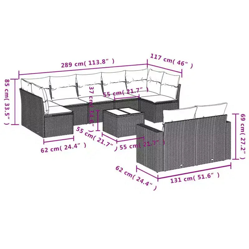 vidaXL Set Divani da Esterno 10 pz con Cuscini in Polyrattan Nero