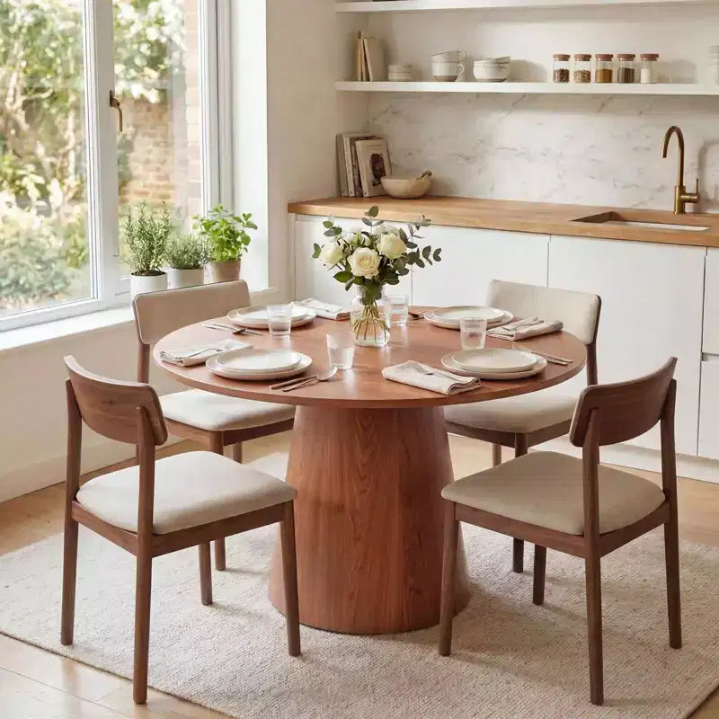 Tavolo da pranzo rotondo da 43'' per 4-6 persone, tavolo da cucina in legno con base a piedistallo, tavolo rotondo in stile rustico per soggiorno, appartamento (solo tavolo), noce